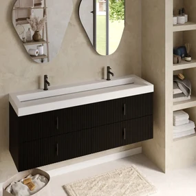 Muebles Estella badmeubel ribbelfront 160cm zwart mat met solid surface wastafel met kraangaten