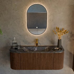 Mondiaz Kurve-dlux 120cm badmeubel ronding links/rechts walnut met 1 lade en 2 deuren en wastafel big small midden 1 kraangat lava