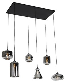 Eettafel / Eetkamer Art Deco hanglamp zwart met smoke glas 6-lichts - Wallace Art Deco E27 Binnenverlichting Lamp