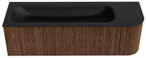 Mondiaz Kurve 145cm badmeubel ronding rechts walnut met 1 lade en deur en wastafel big large links 2 kraangaten urban