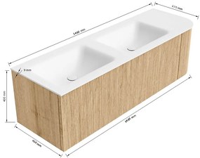 Mondiaz Kurve 145cm badmeubel ronding rechts oak met 1 lade en deur en wastafel cloud dubbel/links 2 kraangaten urban