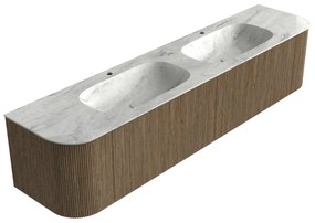 Mondiaz Kurve-dlux 200cm badmeubel ronding links/rechts dusk met 2 lades en deuren en wastafel stor small dubbel 2 kraangaten opalo