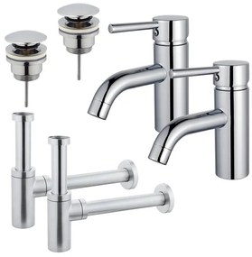 Fortifura Calvi Wastafelkraanset - voor dubbele wastafel - lage wastafelkraan - klikwaste plug - design sifon - Chroom 2x SW377810/2x SW696203/2x SW696214