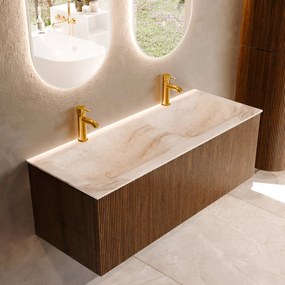 Mondiaz Kurve-dlux 120cm badmeubel dusk met 1 lade en wastafel leaf dubbel 2 kraangaten frappe