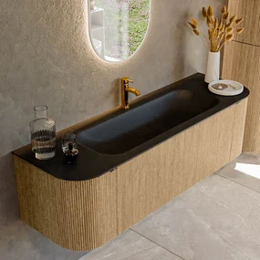 Mondiaz Kurve 150cm badmeubel ronding links/rechts oak met 1 lade en 2 deuren en wastafel big medium midden 1 kraangat urban