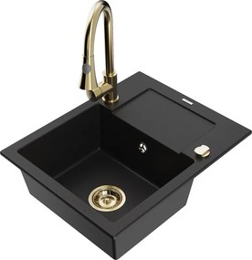 Mexen Enzo granieten spoelbak 1-komerig met afdruiprek en keukenmengkraan Elia, zwart - 6506-77-670101-50