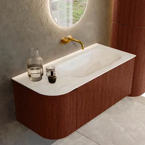 Mondiaz Kurve-dlux 105cm badmeubel ronding links ruby met 1 lade en deur en wastafel big small rechts zonder kraangat ostra
