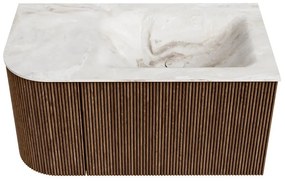 Mondiaz Kurve-dlux 85cm badmeubel ronding links walnut met 1 lade en deur en wastafel cloud kraangat rechts frappe