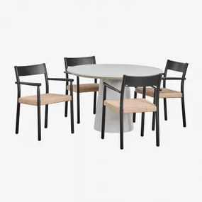 Set Ronde Cementtafel (ø120 Cm) Noemi En 4 Eetkamerstoelen In Eikenhout En Mara Gevlochten Touw Zand Grijs - Sklum