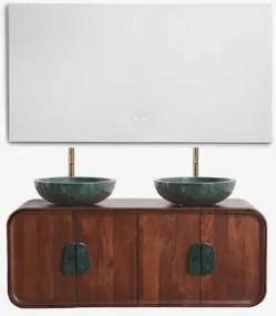 Dubbel Zwevend Badkamermeubelset 130x45 Cm Van Mangohout En Natuurlijke Kivalina-steen Groen Marmer Uit Udaipur - Donker Mangohout & 2 X Onde Groene -