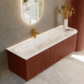 Mondiaz Kurve-dlux 145cm badmeubel ronding rechts ruby met 1 lade en deur en wastafel big large kraangat links frappe