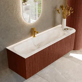 Mondiaz Kurve-dlux 145cm badmeubel ronding rechts ruby met 1 lade en deur en wastafel big large kraangat links frappe