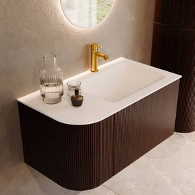 Mondiaz Kurve 85cm badmeubel ronding links ruby met 1 lade en deur en wastafel cloud kraangat rechts