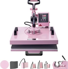 VEVOR hittepers 38x38cm 8-in-1 textielpers met mokkenpers 177-887ml, voor T-shirts, mokken, petten, borden, dubbele buisverwarmingstechnologie, 360° draaibare arm, tijd- en temperatuurinstellingen, roze