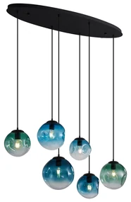 Eettafel / Eetkamer Art Deco hanglamp zwart met ovale plafondplaat en groen en blauw glas 6-lichts - Douglass Art Deco E27 bol / globe / rond Binnenverlichting Lamp