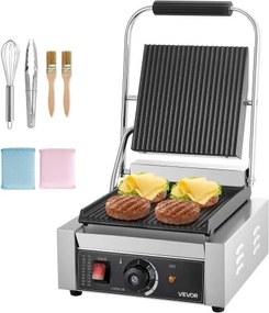 VEVOR Commerciële Panini Grill Contactgrill 1800W voor Sandwiches Steak Bacon Hamburger, Sandwich Maker Press Grill Gemaakt van roestvrij staal met handvat &amp; temperatuurregeling &amp; 22 x 23 cm verwarmingsplaat, Panini Press