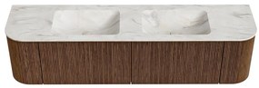 Mondiaz Kurve-dlux 180cm badmeubel ronding links/rechts walnut met 2 lades en deuren en wastafel leaf dubbel zonder kraangat ostra