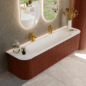 Mondiaz Kurve-dlux 170cm badmeubel ronding links/rechts ruby met 1 lade en 2 deuren en wastafel big large midden 2 kraangaten opalo