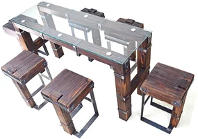 CHYRKA® Eettafel woonkamer tafel DROHOBYCZ kruk loft vintage bar industrieel design handgemaakt hout glas metaal
