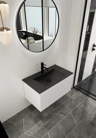 Fontana Lento wit badkamermeubel ribbelfront met zwarte wastafel 80cm 1 kraangat en ronde spiegel