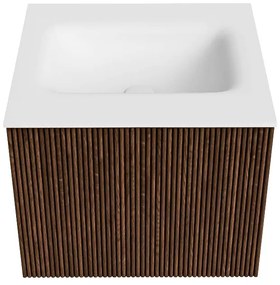 Mondiaz Kurve 50cm badmeubel walnut met 1 lade en wastafel grunne midden 1 kraangat