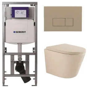 QeramiQ Dely Swirl Toiletset - 36.3x51.7cm - Geberit UP320 Burda inbouwreservoir - 35 mm zitting - bedieningsplaat taupe - rechthoekige knoppen - beige 0701131/SW1102379/SW1000771/SW1026259