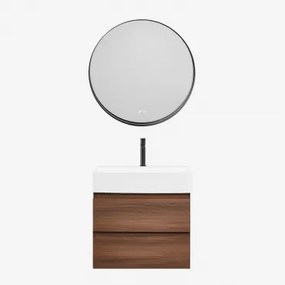 Badkamermeubelset Van Hout En Essenhoutfineer Met Geïntegreerde Wastafel Ona Donker Hout & Round Led And Antifog Zwart Ø80 Cm Kimacs - Sklum
