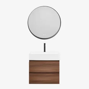 Badkamermeubelset Van Hout En Essenhoutfineer Met Geïntegreerde Wastafel Ona Donker Hout & Round Led And Antifog Zwart Ø80 Cm Kimacs - Sklum