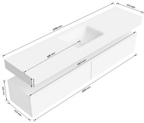 Zaro Alan badmeubel 190cm talc 2 lades met vrijhangende wastafel cloud midden 1 kraangat talc