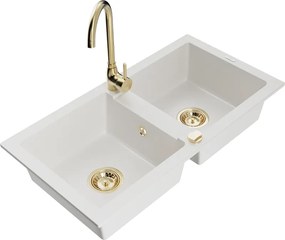 Mexen Mario granitische spoelbak met 2 kamers en keukenmengkraan Telma, wit - 6504-20-670200-50
