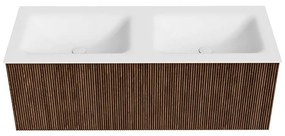 Mondiaz Kurve 120cm badmeubel walnut met 1 lade en wastafel cloud dubbel 2 kraangaten