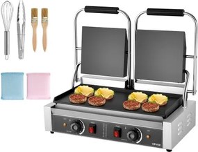 VEVOR Commerciële Contactgrill 3600W Elektrische Grill Sandwich Maker (Dubbele Bakplaten) RVS Panini Pers met Temperatuurregeling, 48 x 23 cm Platte Emaille Plaat, voor Hamburger Steak Bacon