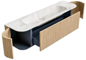 Mondiaz Kurve-dlux 170cm badmeubel ronding links/rechts oak met 1 lade en 2 deuren en wastafel big large midden 1 kraangat frappe