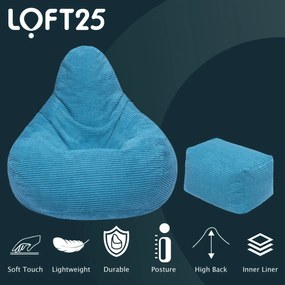 Highback Zitzak Stoel incl. Poef Corduroy Stof - Teal