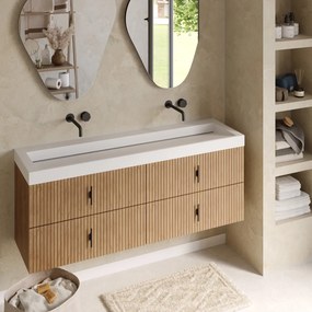 Muebles Estella badmeubel ribbelfront 160cm warm eiken met solid surface wastafel zonder kraangaten