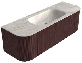 Mondiaz Kurve-dlux 140cm badmeubel ronding links/rechts ruby met 1 lade en 2 deuren en wastafel big small midden zonder kraangat ostra