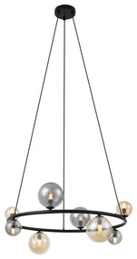 Hanglamp zwart met smoke en amber glas rond 8-lichts - Monaco