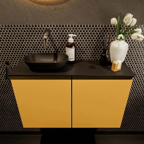 Mondiaz Fowy toiletmeubel 80cm ocher met zwarte waskom links zonder kraangat