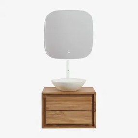 Jabari Teakhouten Badkamermeubelset Teakhout & Rond Cement Wit Ø40 Cm Zavion & Vierkant Led En Anticondens 75x75 Cm Riben & Wit ↑30 - Sklum