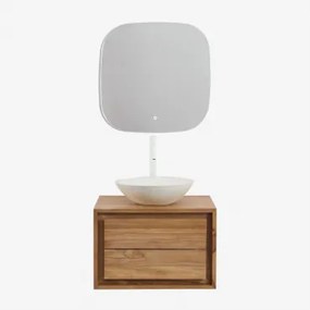 Jabari Zwevend Badkamermeubelset Van Teakhout Teakhout & Rond Cement Wit Ø40 Cm Zavion & Vierkant Led En Anticondens 75x75 Cm Riben & Wit - Sklum