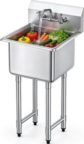 VEVOR RVS keukenspoelbak 457 x 381 x 1041 mm, RVS spoelbak met kraan 104 kg draagvermogen, RVS spoelbak Keukenspoelbak Vrijstaande spoelbak