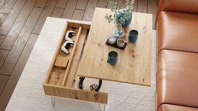 HAIRPIN S-90 Eik Artisan/Beige (Champagne) - MODERNE SALONTAFEL MET OPKLAPBAAR BLAD + OPBERGRUIMTE + PLANK