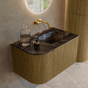 Mondiaz Kurve-dlux 75cm badmeubel ronding links dusk met 1 lade en deur en wastafel grunne rechts zonder kraangat lava