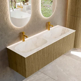Mondiaz Kurve-dlux 140cm badmeubel dusk met 2 lades en wastafel stor small dubbel 2 kraangaten frappe