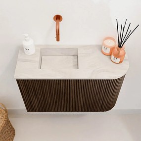 Mondiaz Joya DLux 60cm toiletmeubel ronding rechts walnut met wastafel faye links zonder kraangat ostra