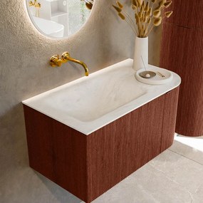 Mondiaz Kurve-dlux 85cm badmeubel ronding rechts ruby met 1 lade en deur en wastafel cloud links zonder kraangat opalo