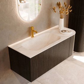 Mondiaz Kurve-dlux 115cm badmeubel ronding rechts shadow met 1 lade en deur en wastafel big small kraangat links ostra