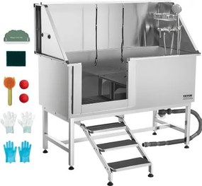 VEVOR roestvrijstalen hondenwasstation, 1500x700x1495mm, verzorgingsbad met opstapje, PE-waterfilterplaat, kraan, douchekop en zeephouder, voor grote, middelgrote en kleine huisdieren (deur links)