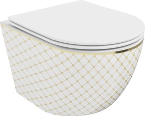 Mexen Lena wc-pot Rimless met slim, langzaam sluitende duroplast-bril, wit/gouden ruitpatroon - 30224009