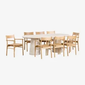 Ovale Tafelset 220x95 Cm In Cement Look Travertin Noemi En 8 Eetkamerstoelen In Eikenhout Mara Signature Look Travertino - Sklum